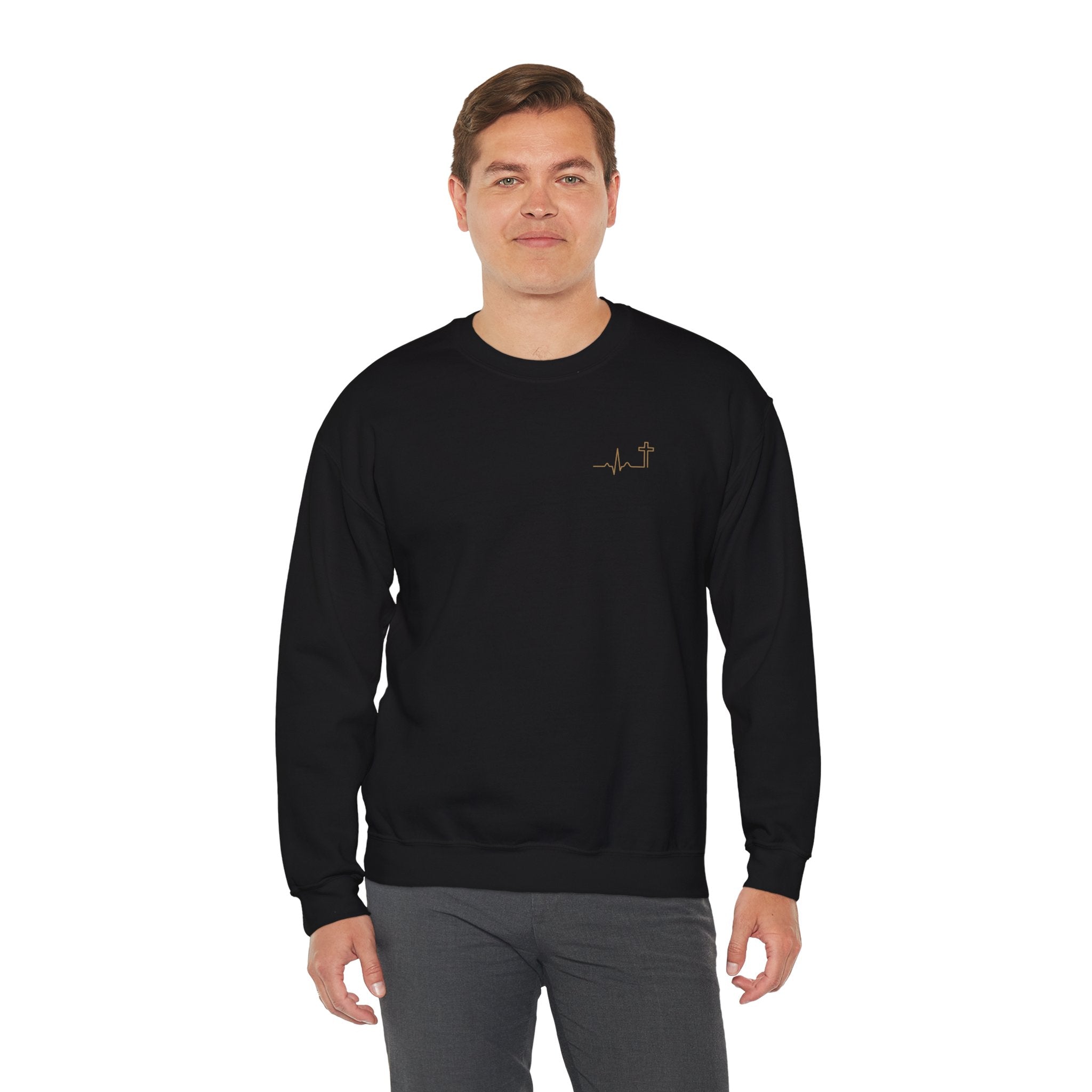 Heartbeat Cross Christian Crewneck Sweatshirt, Gold Minimalist Faith Sweatshirt, Cross Scripture Apparel, Christian Gift