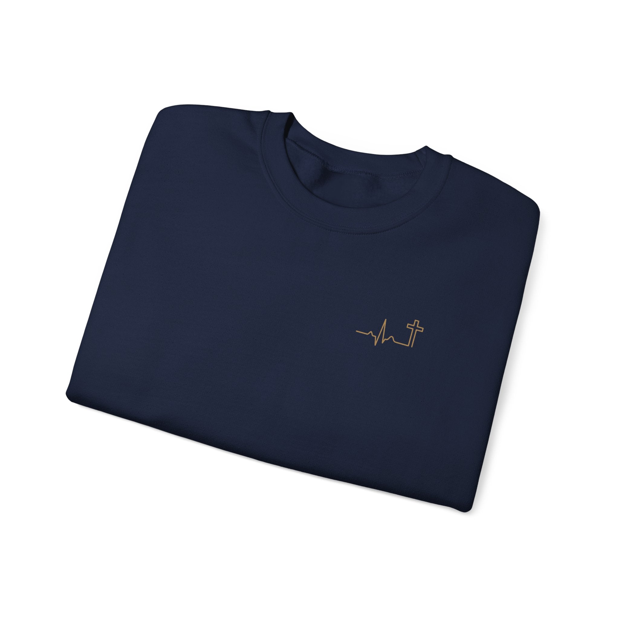 Heartbeat Cross Christian Crewneck Sweatshirt, Gold Minimalist Faith Sweatshirt, Cross Scripture Apparel, Christian Gift