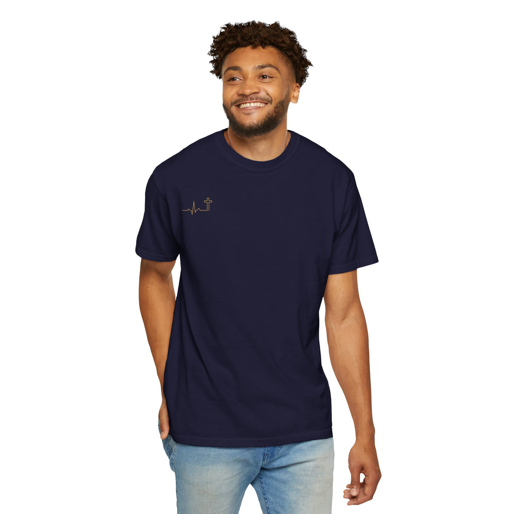 Heartbeat Cross gold minimalist Christian tee, dark color shown — Hallowed Supply Co.