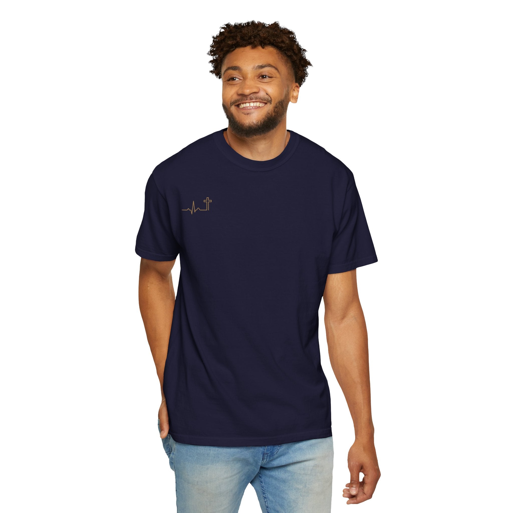 Heartbeat Cross gold minimalist Christian tee, dark color shown — Hallowed Supply Co.