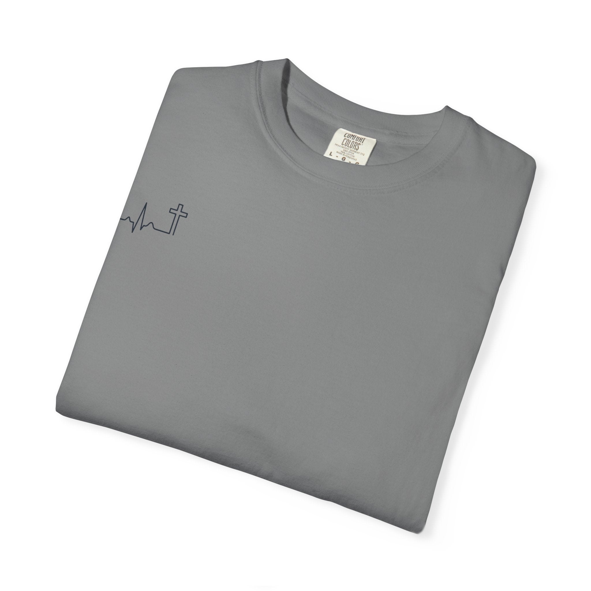 'Heartbeat Cross' garment-dyed tee, front — heartbeat-cross mark