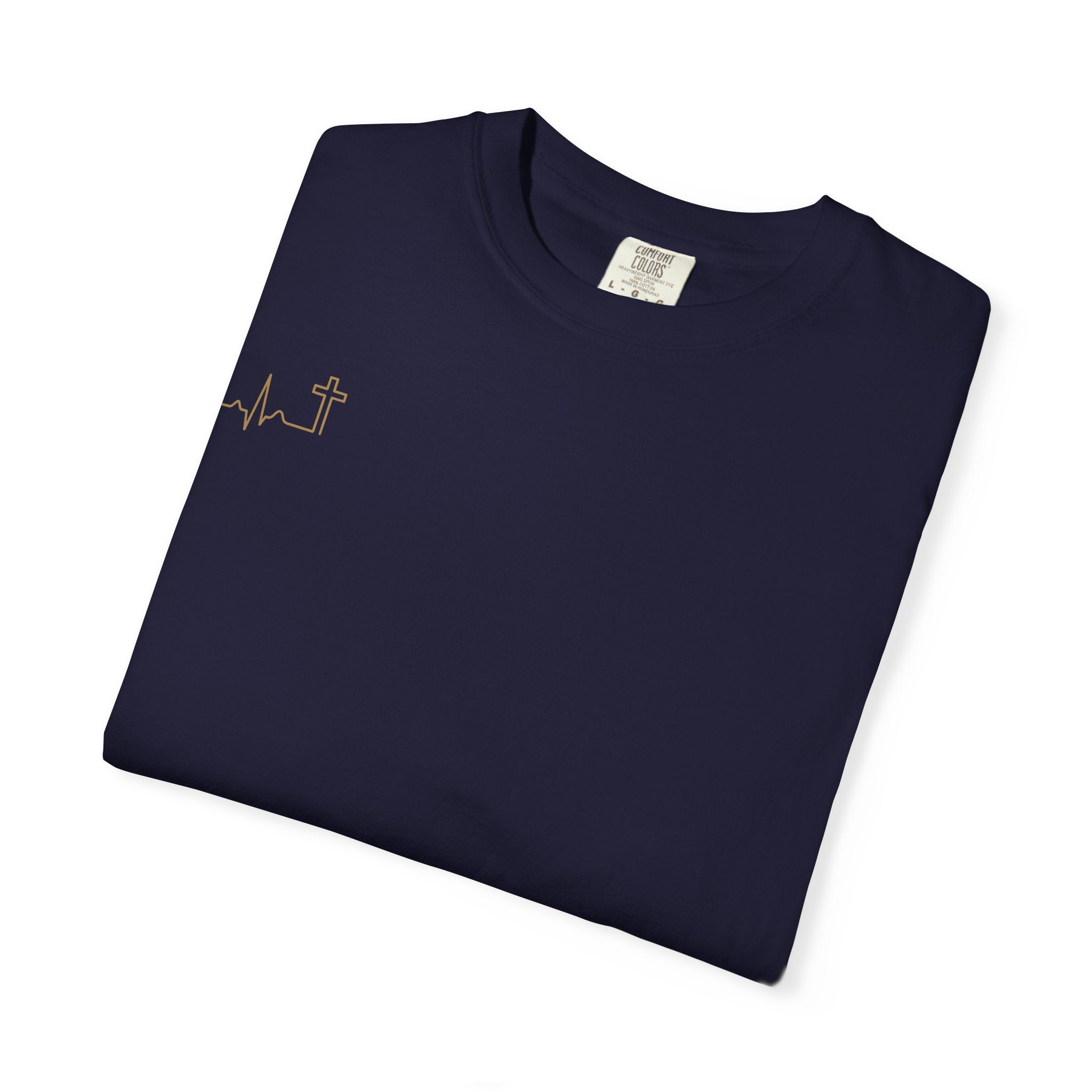 Heartbeat Cross gold minimalist Christian tee, dark color shown — Hallowed Supply Co.