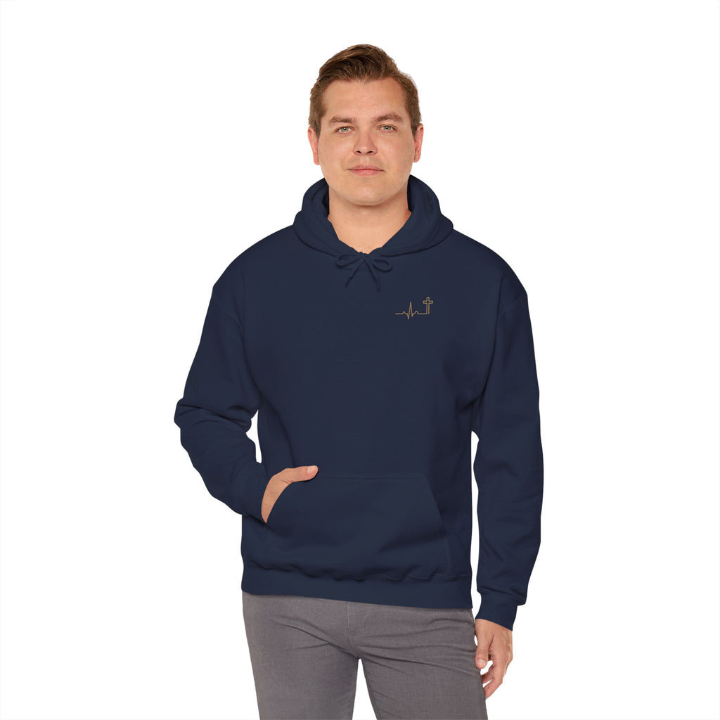 Gold heartbeat-cross Christian hoodie, Galatians 2:20 (KJV) – Hallowed Supply Co.