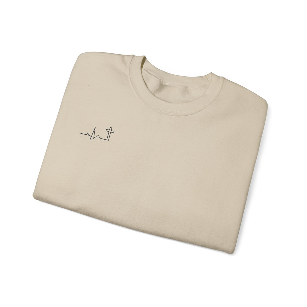 'Heartbeat Cross' Heavyweight Crewneck — Galatians 2:20 (KJV)