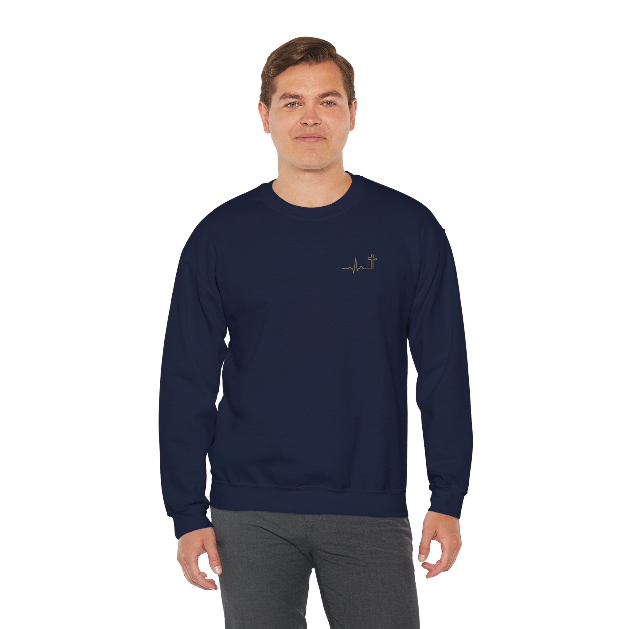Heartbeat Cross Christian Crewneck Sweatshirt, Gold Minimalist Faith Sweatshirt, Cross Scripture Apparel, Christian Gift