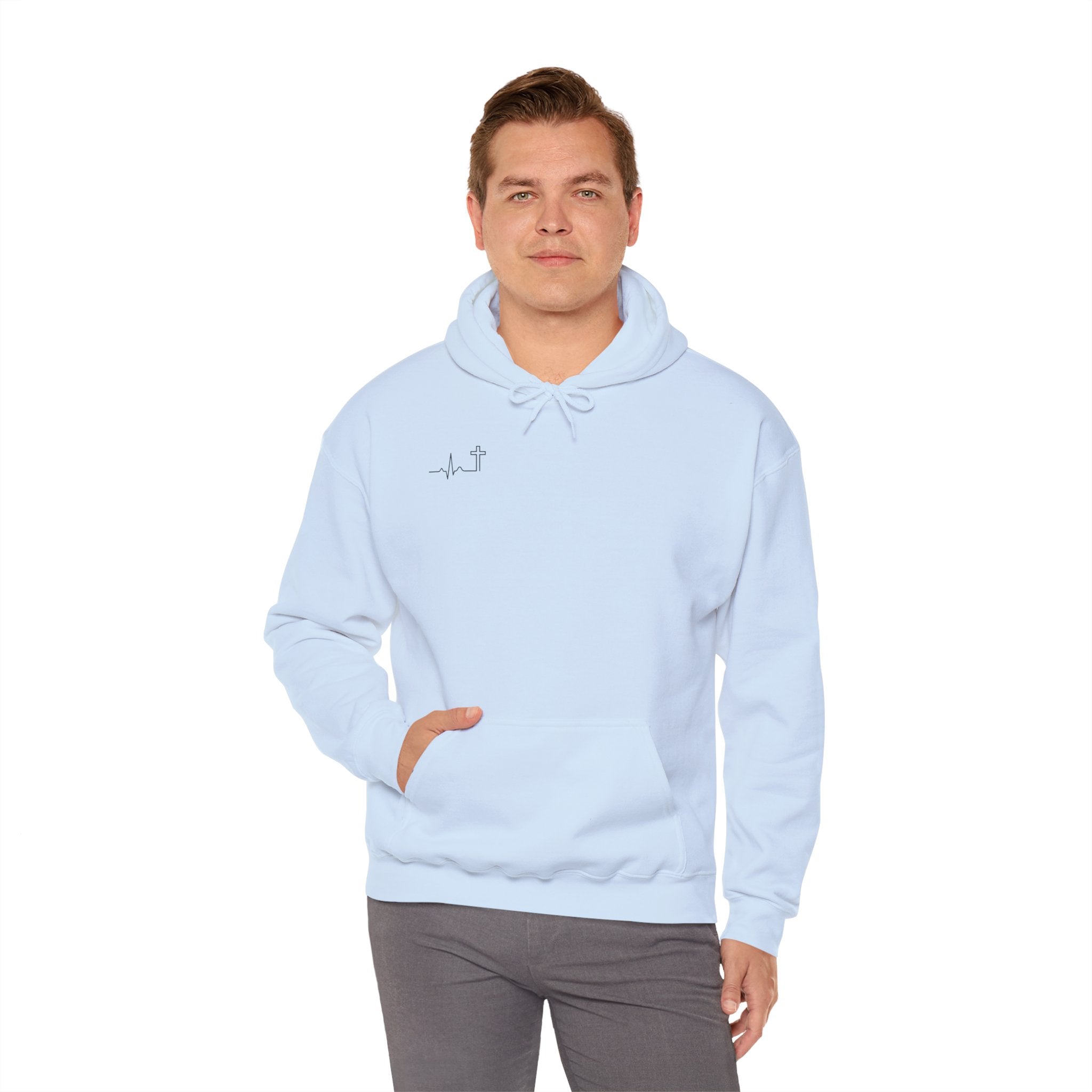 'Heartbeat Cross' Heavyweight Hoodie — Galatians 2:20 (KJV)