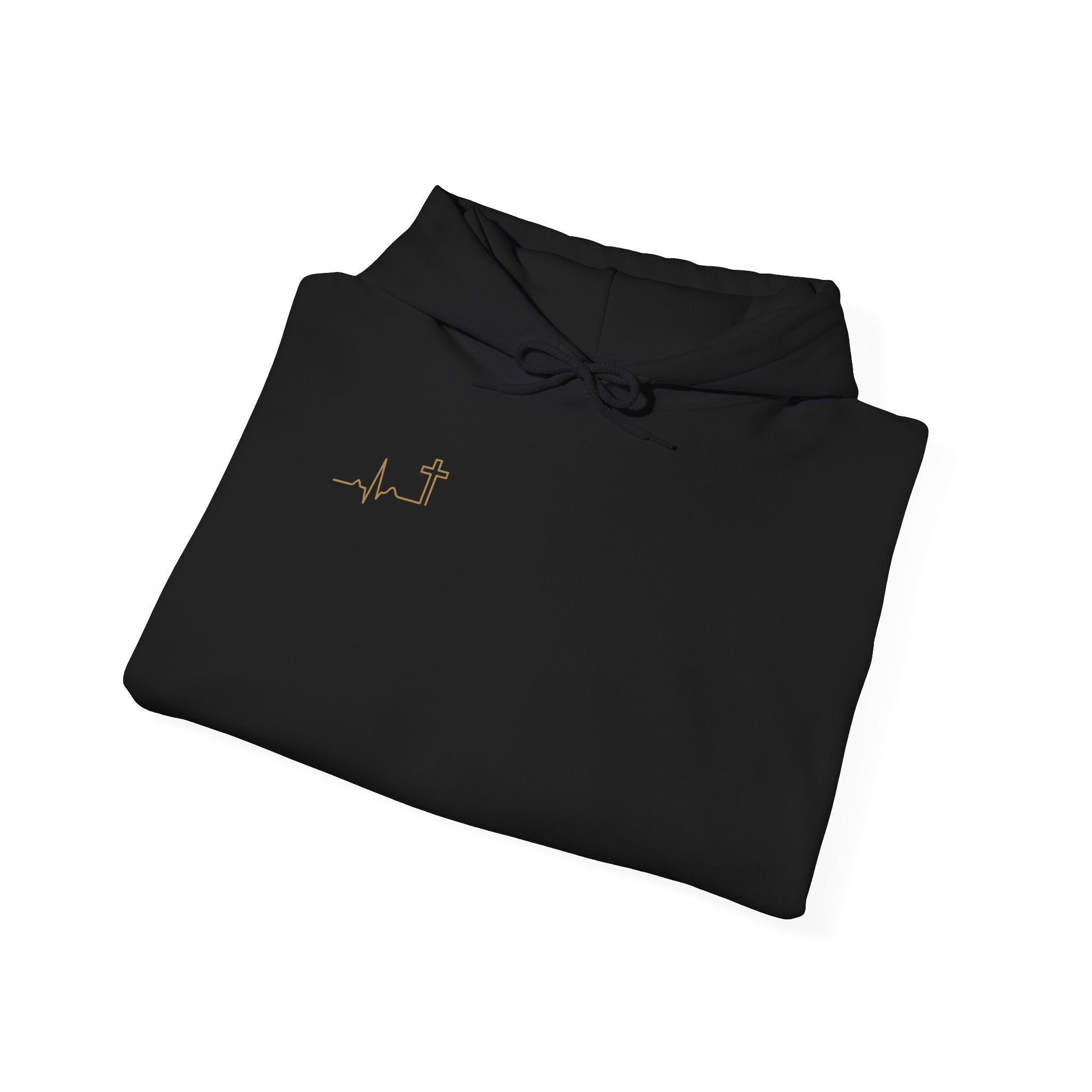 Heartbeat Cross gold minimalist Christian hoodie, dark color shown — Hallowed Supply Co.