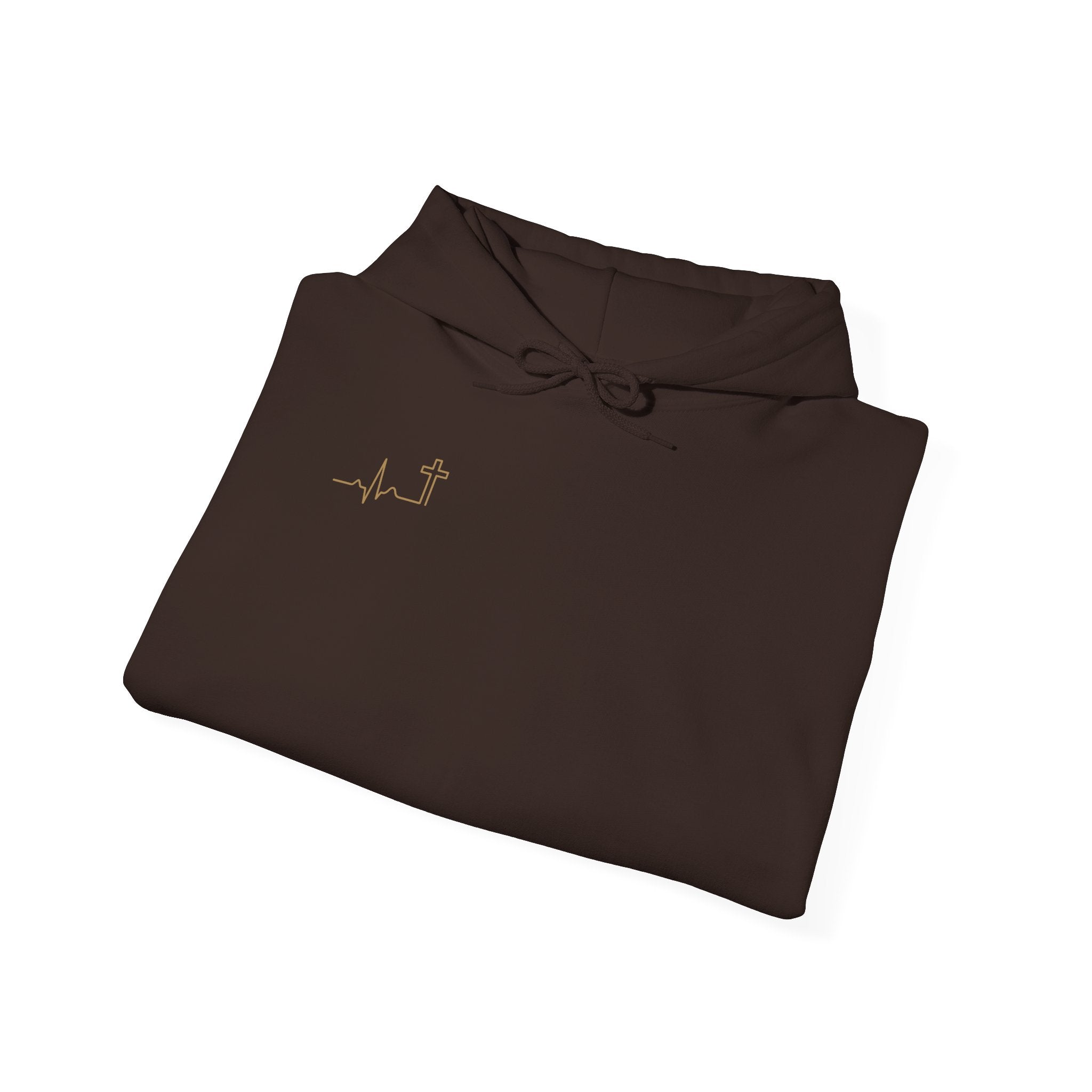 Heartbeat Cross gold minimalist Christian hoodie, dark color shown — Hallowed Supply Co.