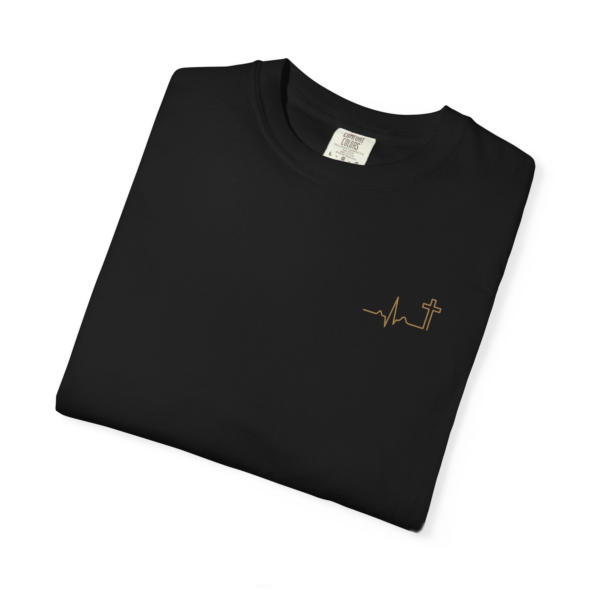 Heartbeat Cross Christian T-Shirt, Gold Minimalist Faith Tee, Cross Scripture Apparel, Garment-Dyed Christian Gift