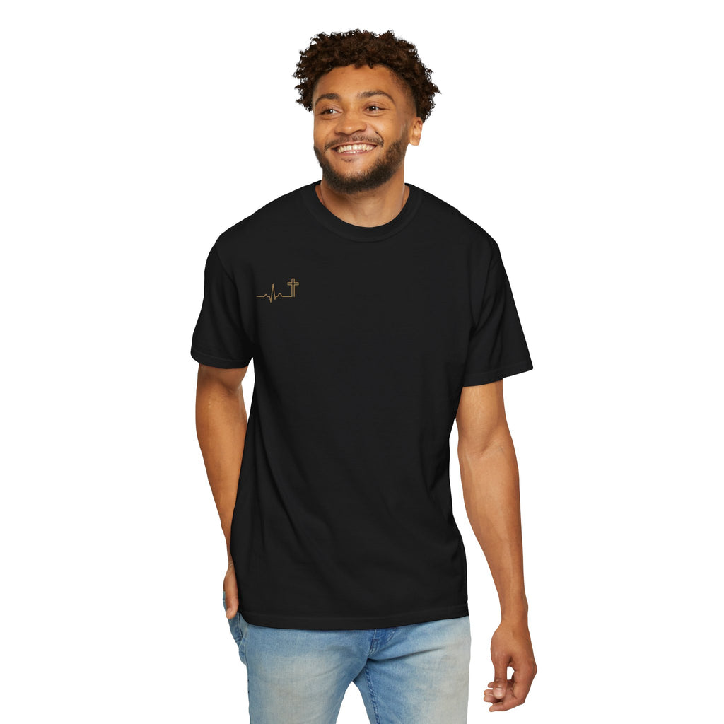 Heartbeat Cross gold minimalist Christian tee, dark color shown — Hallowed Supply Co.
