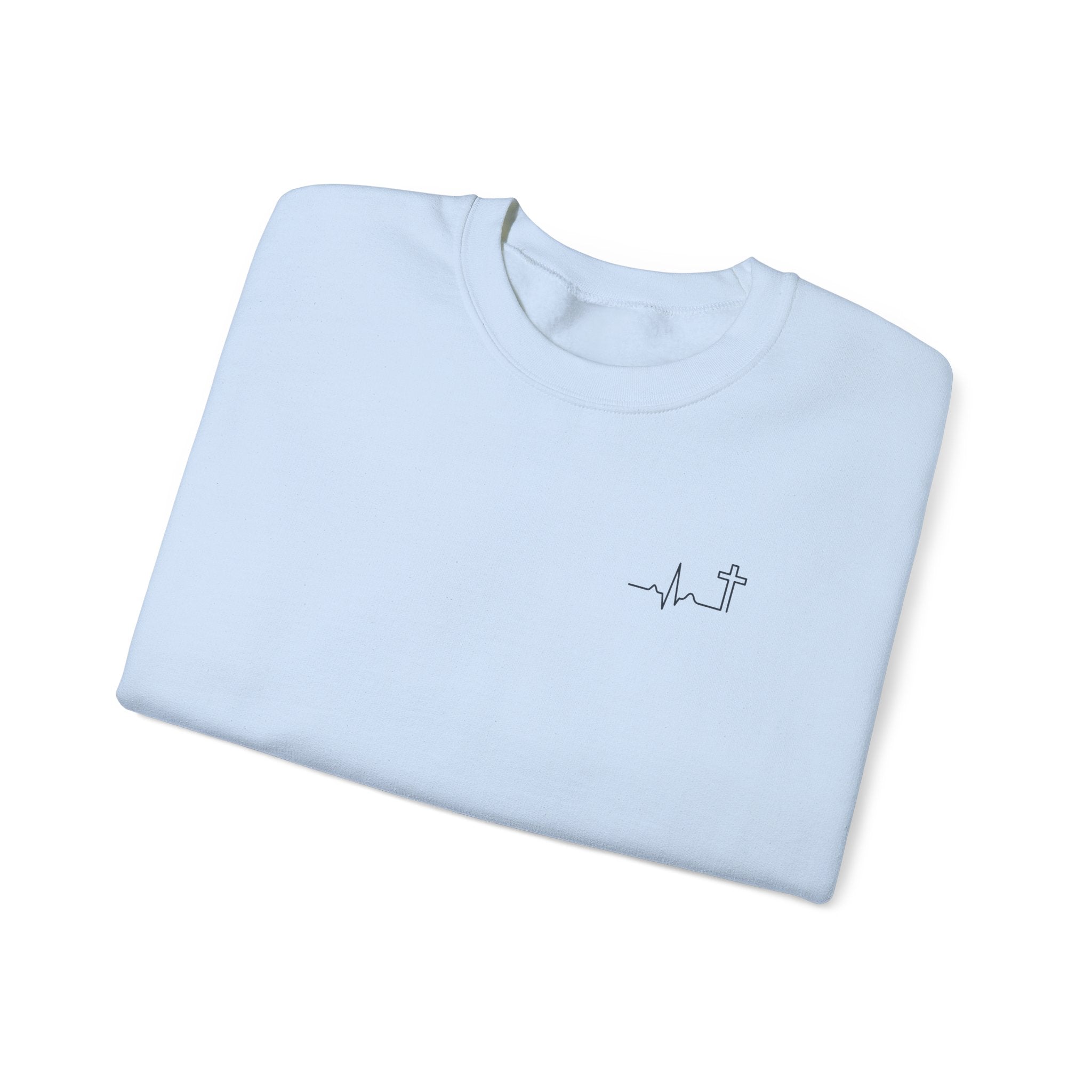 'Heartbeat Cross' Heavyweight Crewneck — Galatians 2:20 (KJV)