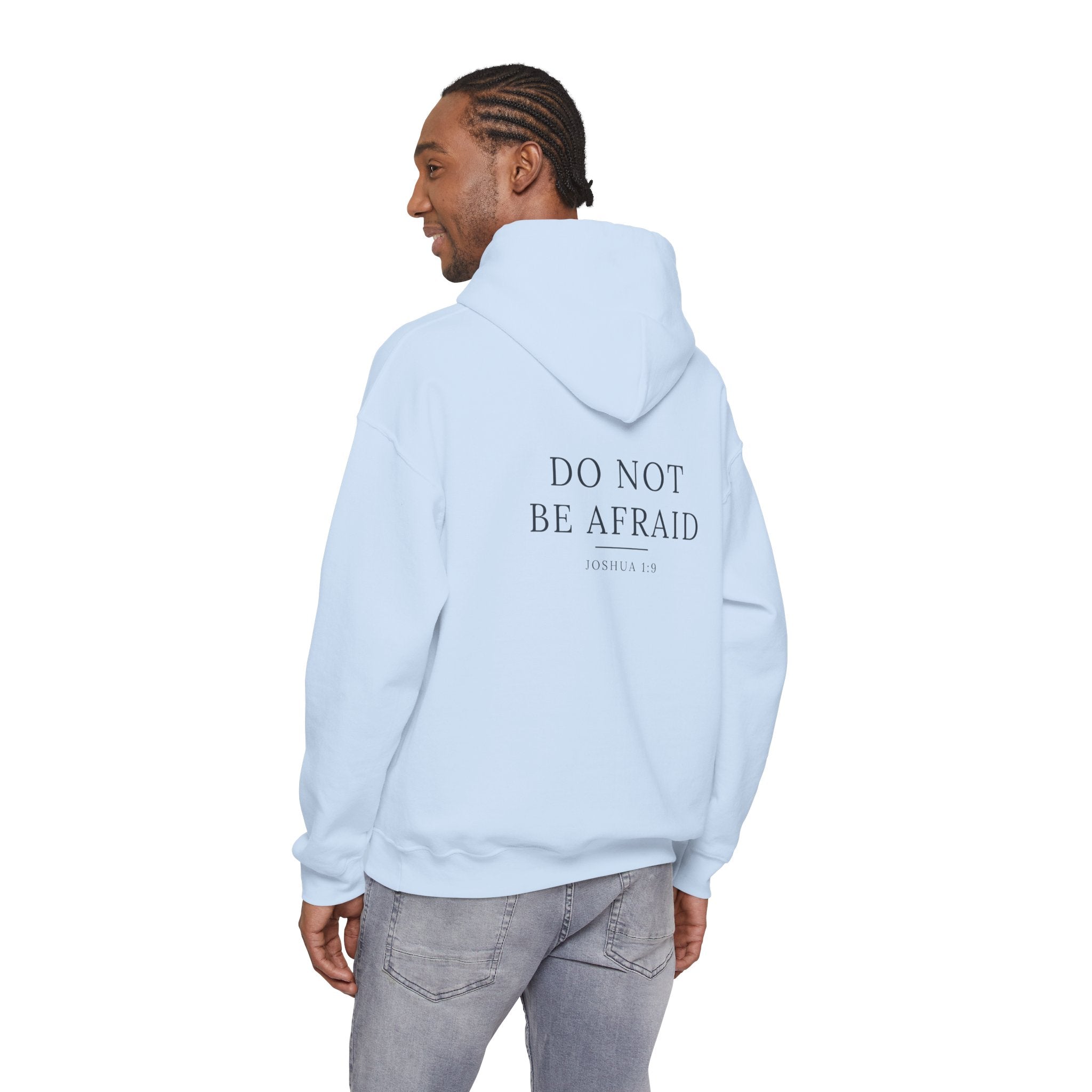 Do Not Be Afraid hoodie — Joshua 1:9 scripture across the back, heartbeat-cross at the chest. Hallowed Supply Co.