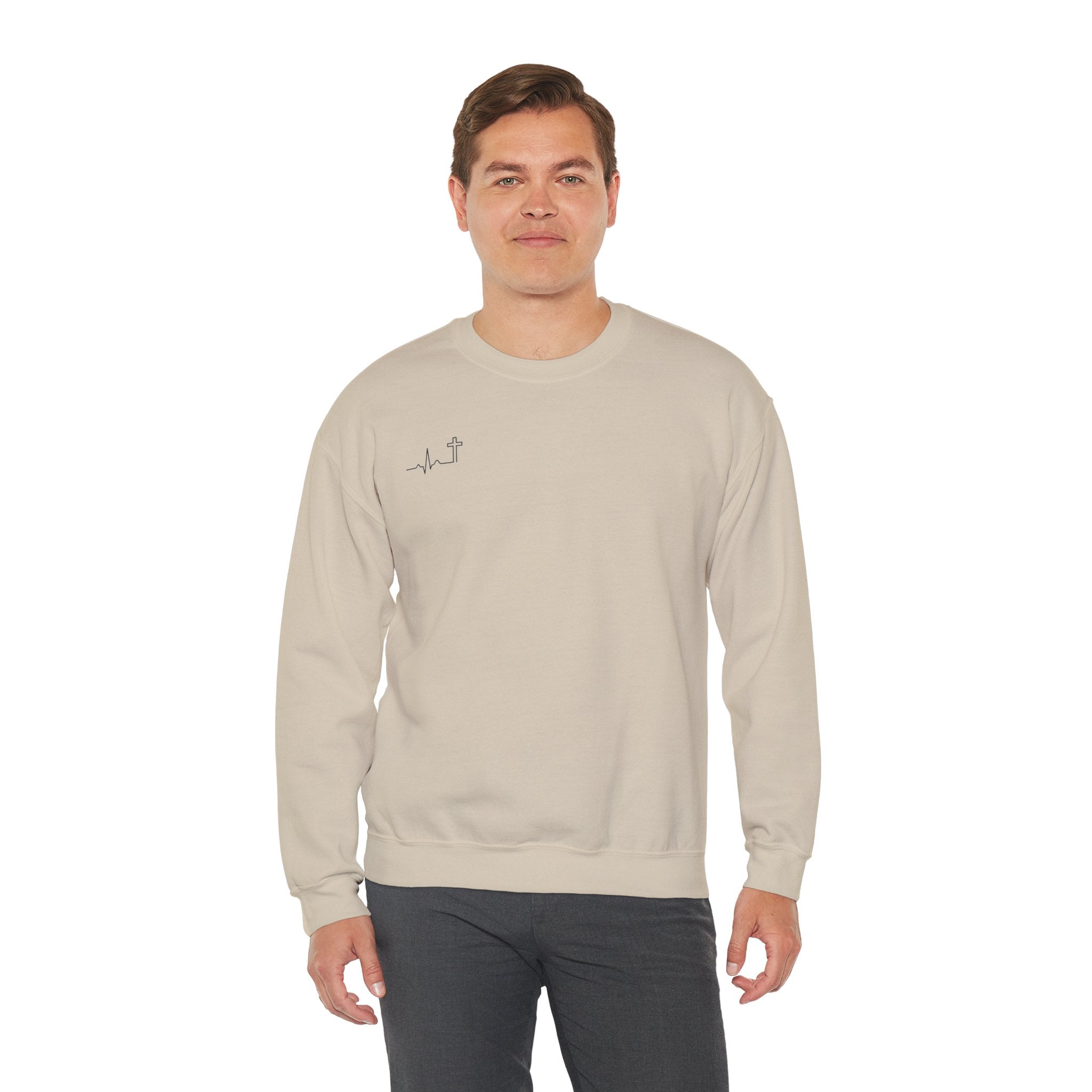 'Heartbeat Cross' Heavyweight Crewneck — Galatians 2:20 (KJV)