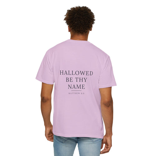 'Hallowed Be Thy Name' garment-dyed tee — front with heartbeat-cross mark