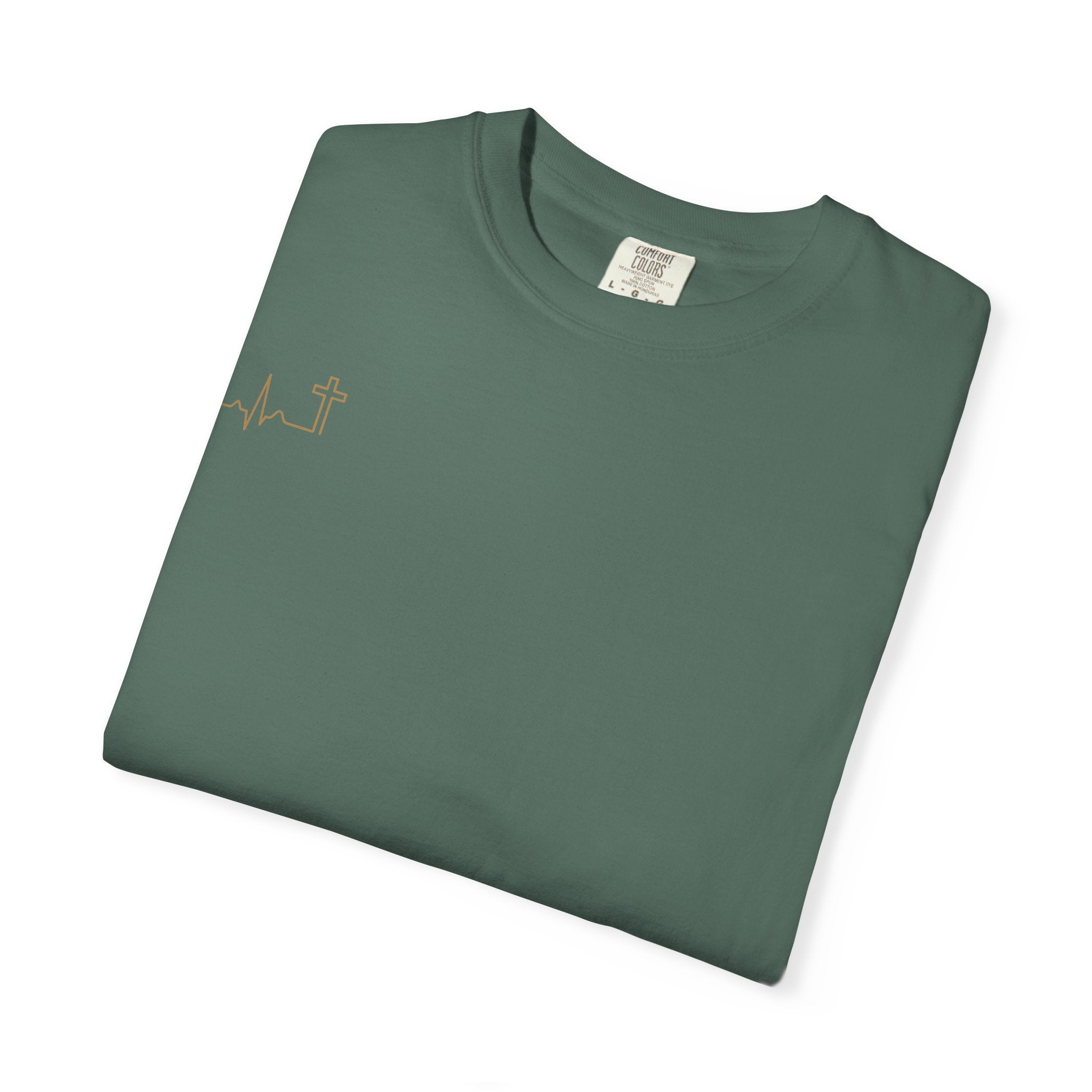Heartbeat Cross gold minimalist Christian tee, dark color shown — Hallowed Supply Co.