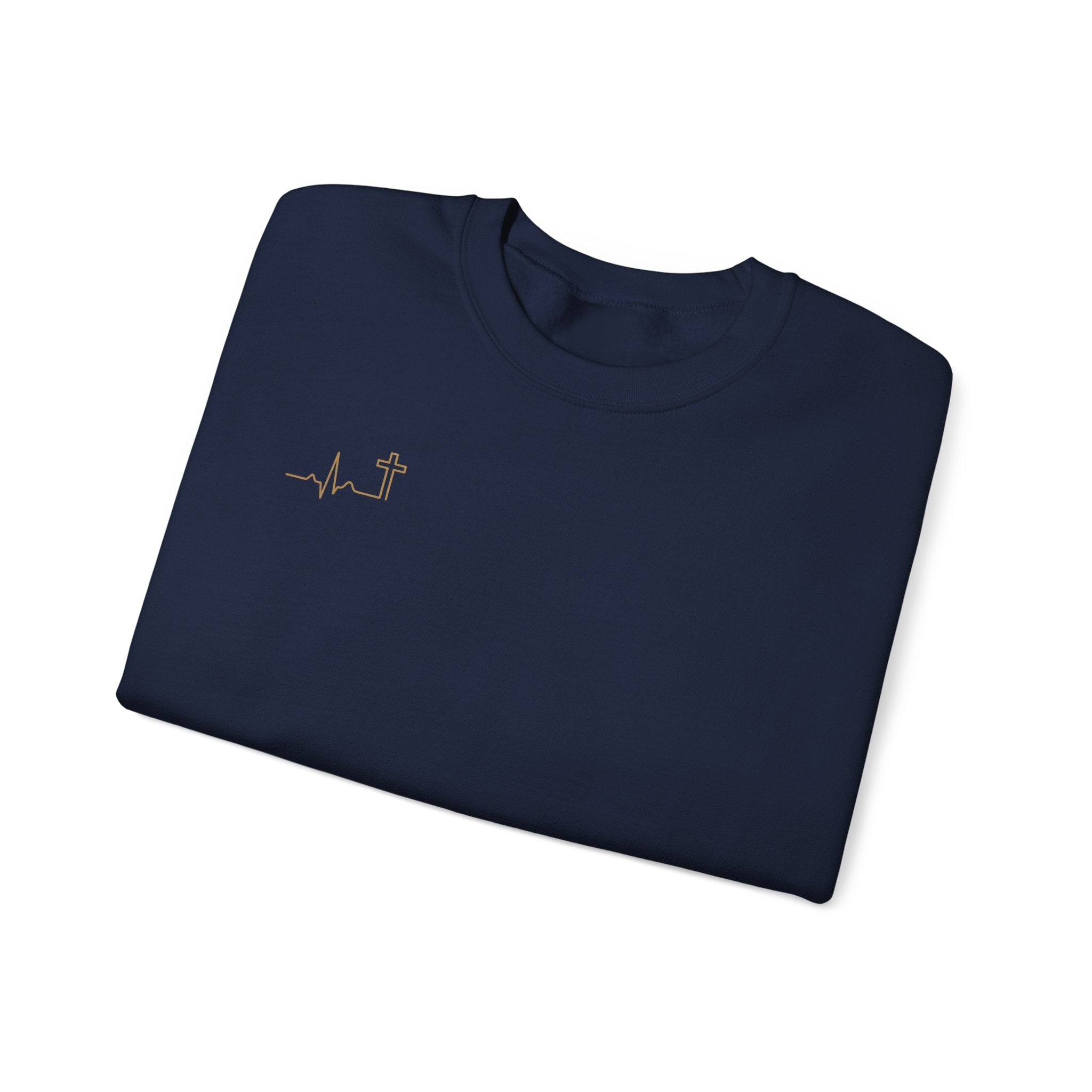 Heartbeat Cross gold minimalist Christian crewneck, dark color shown — Hallowed Supply Co.