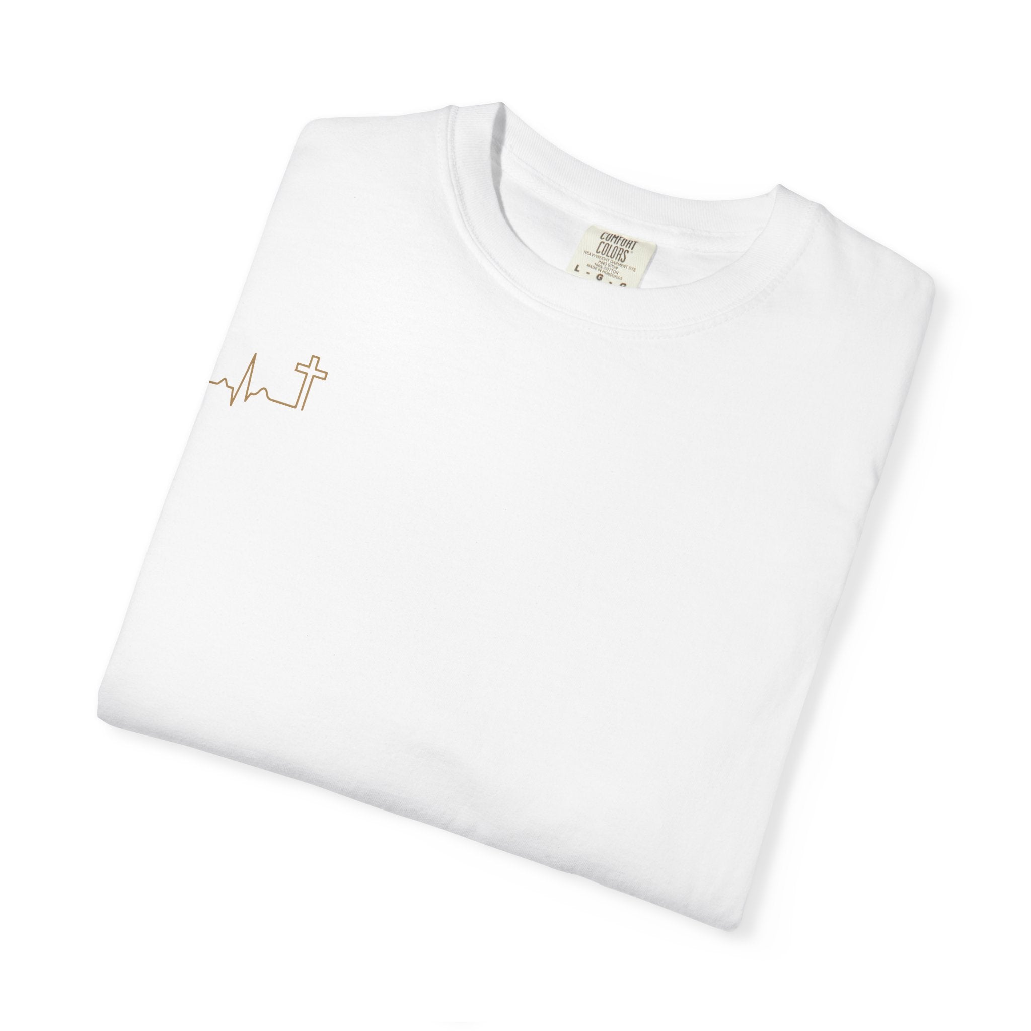 Heartbeat Cross gold minimalist Christian tee, dark color shown — Hallowed Supply Co.