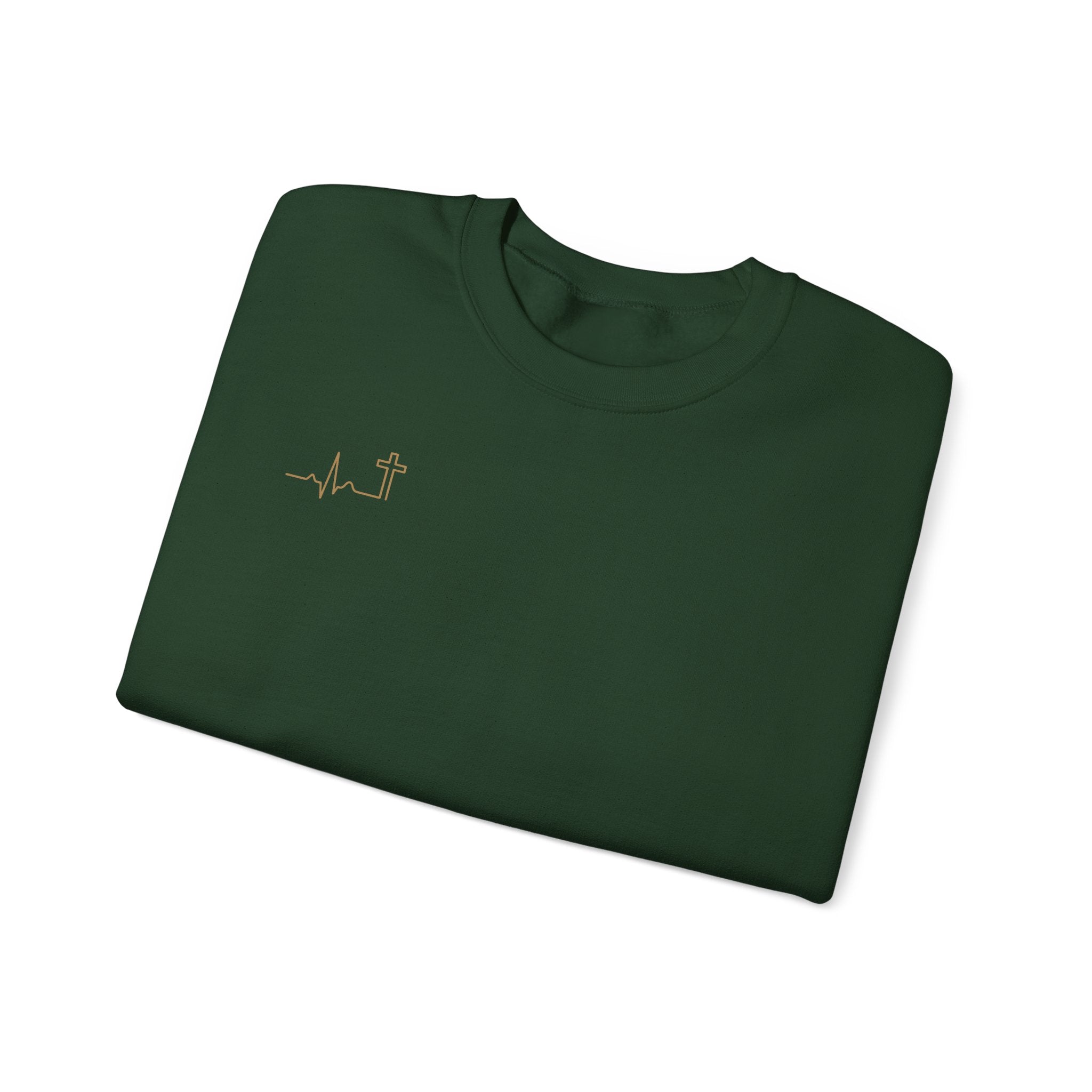 Heartbeat Cross gold minimalist Christian crewneck, dark color shown — Hallowed Supply Co.