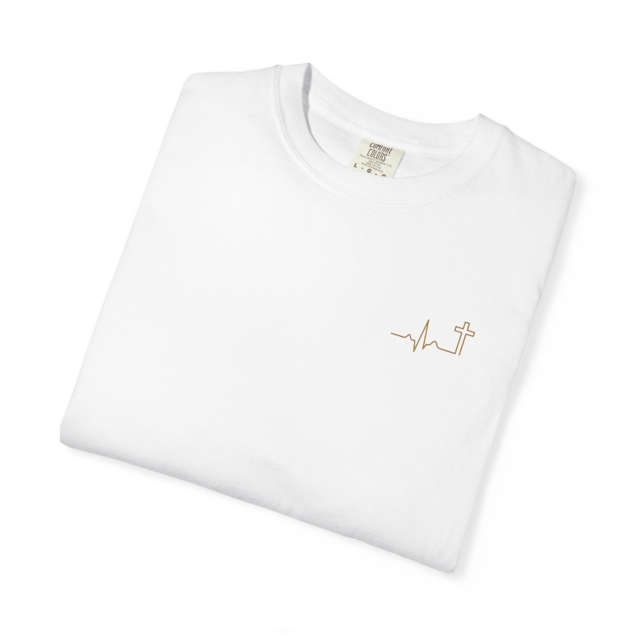 Heartbeat Cross Christian T-Shirt, Gold Minimalist Faith Tee, Cross Scripture Apparel, Garment-Dyed Christian Gift