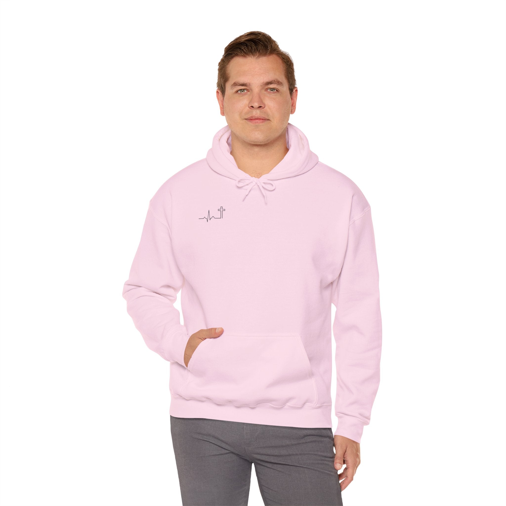'Heartbeat Cross' Heavyweight Hoodie — Galatians 2:20 (KJV)