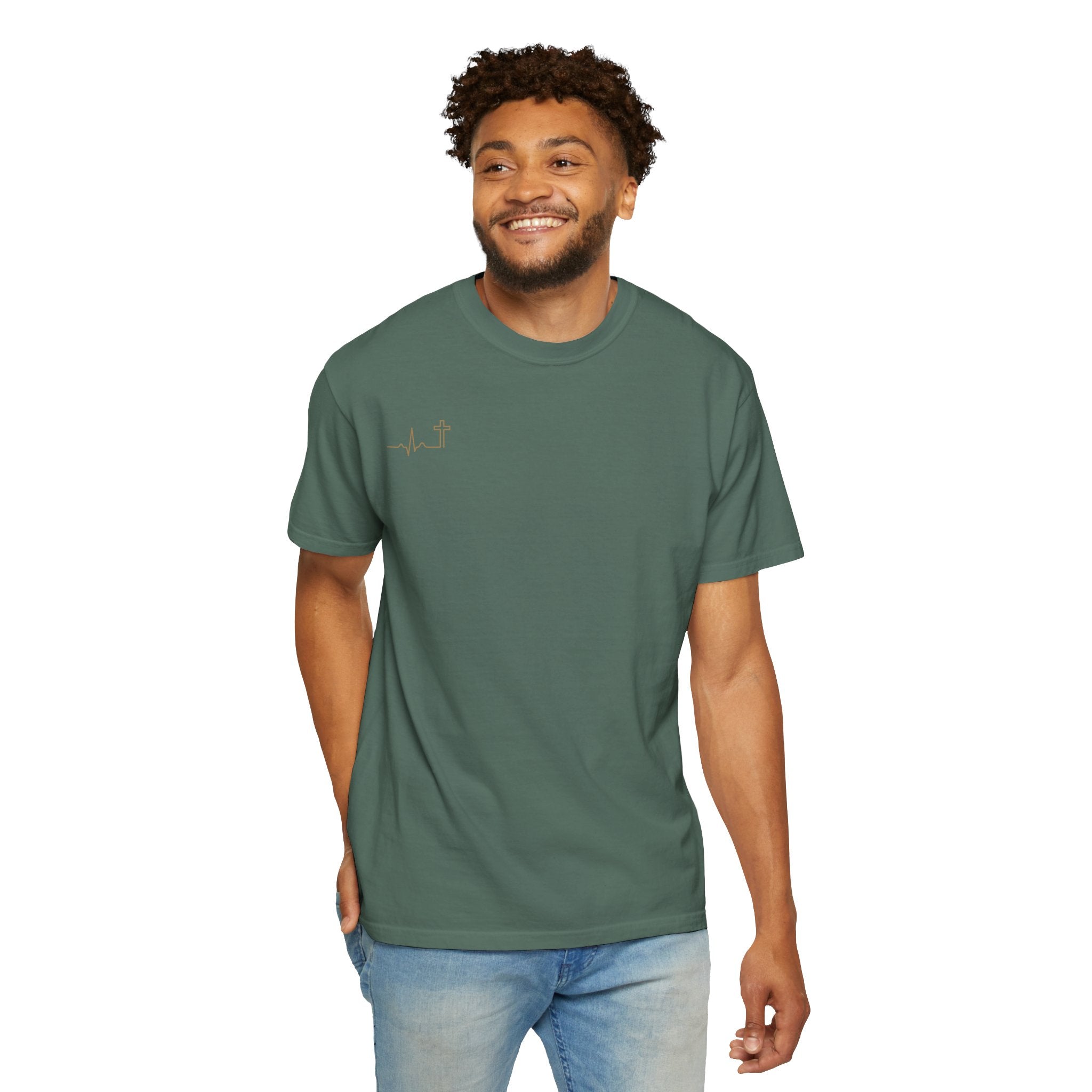 Heartbeat Cross gold minimalist Christian tee, dark color shown — Hallowed Supply Co.