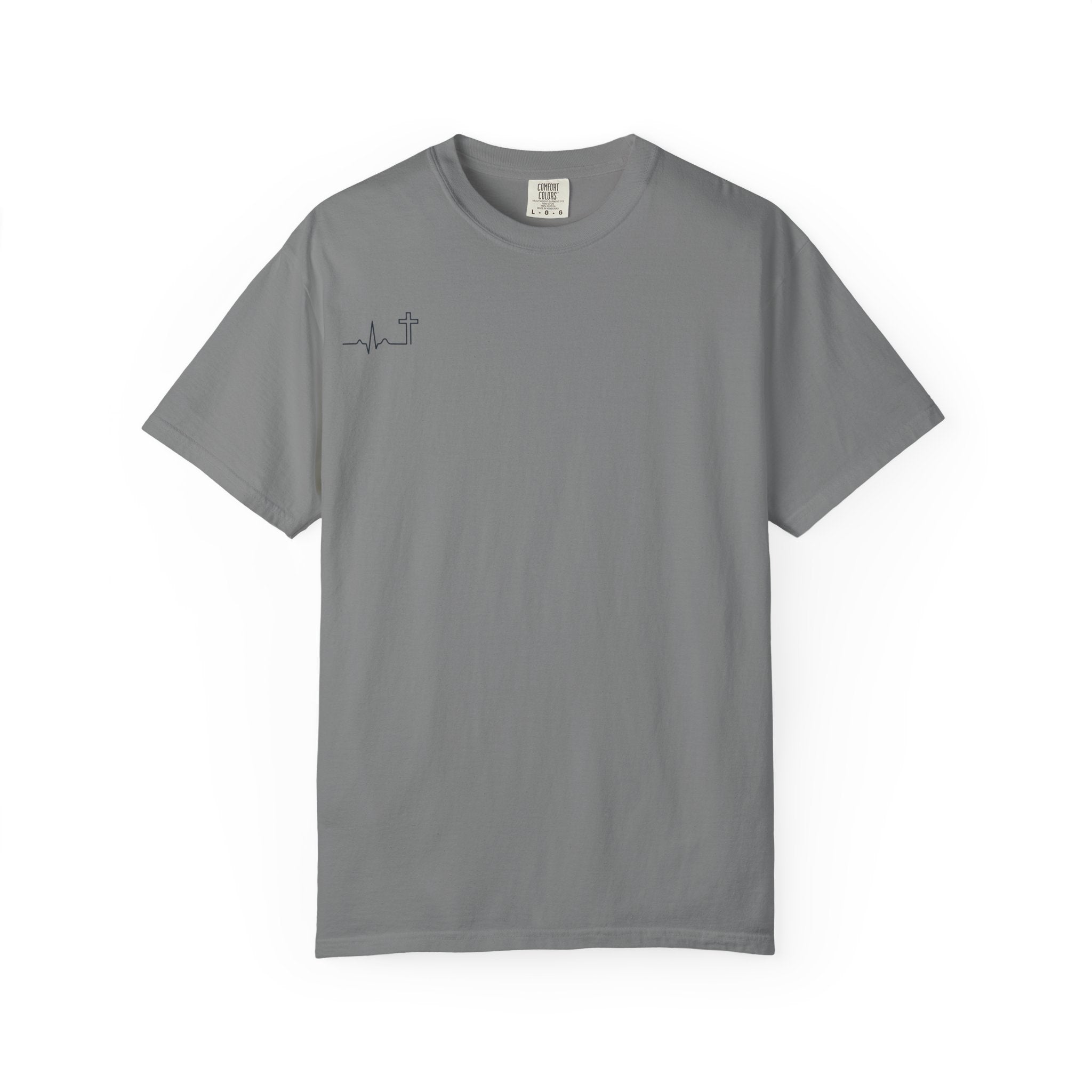 'Do Not Be Afraid' garment-dyed tee — front with heartbeat-cross mark