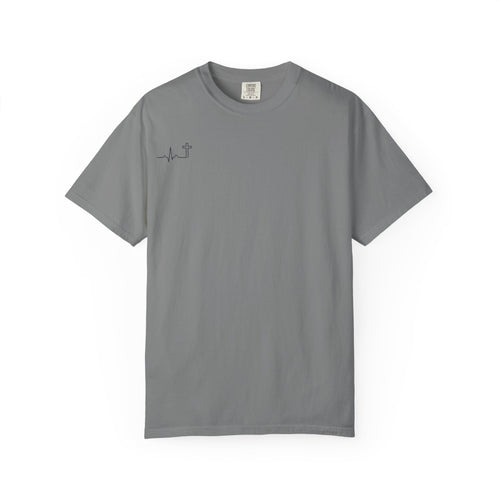 'Do Not Be Afraid' garment-dyed tee — front with heartbeat-cross mark