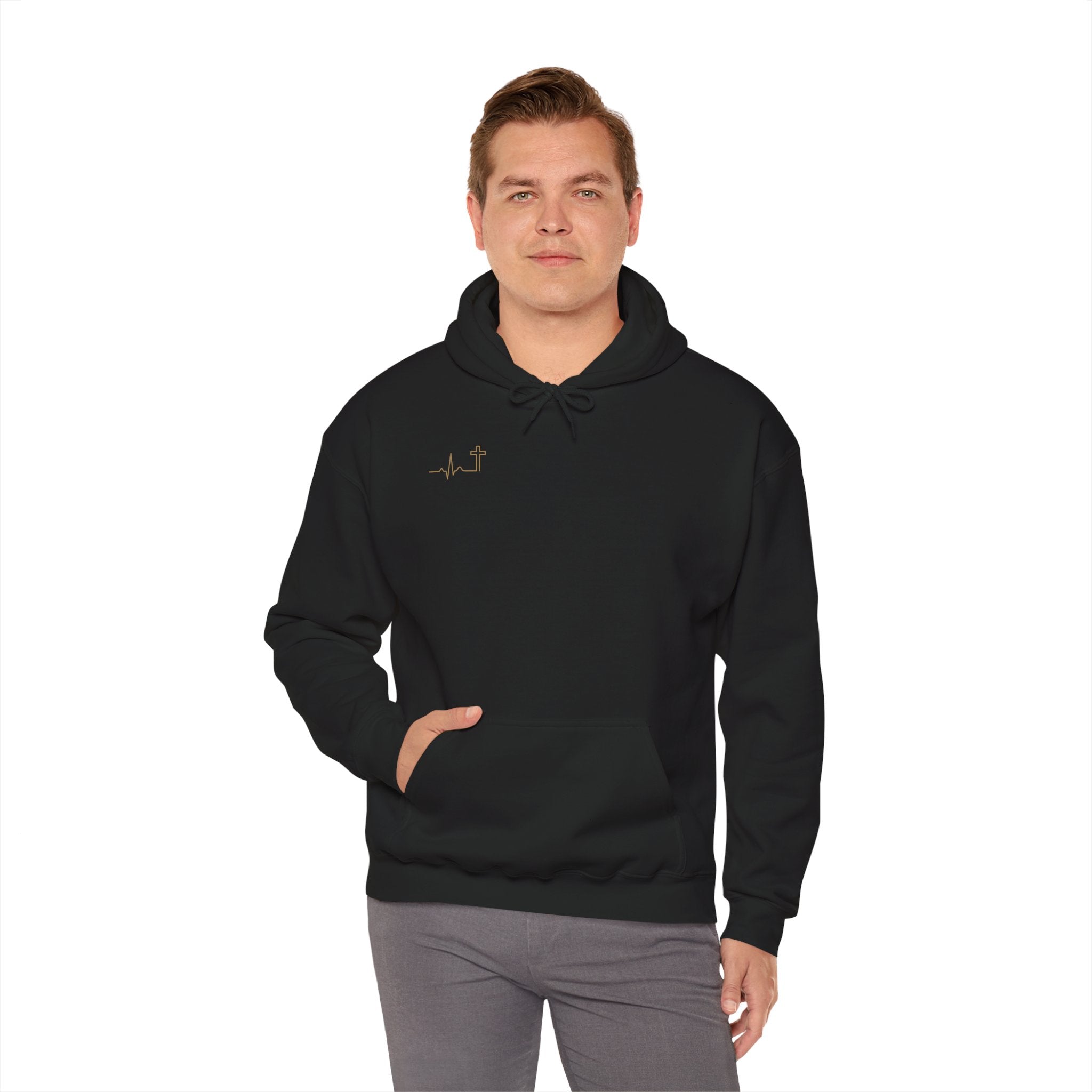 Heartbeat Cross gold minimalist Christian hoodie, dark color shown — Hallowed Supply Co.