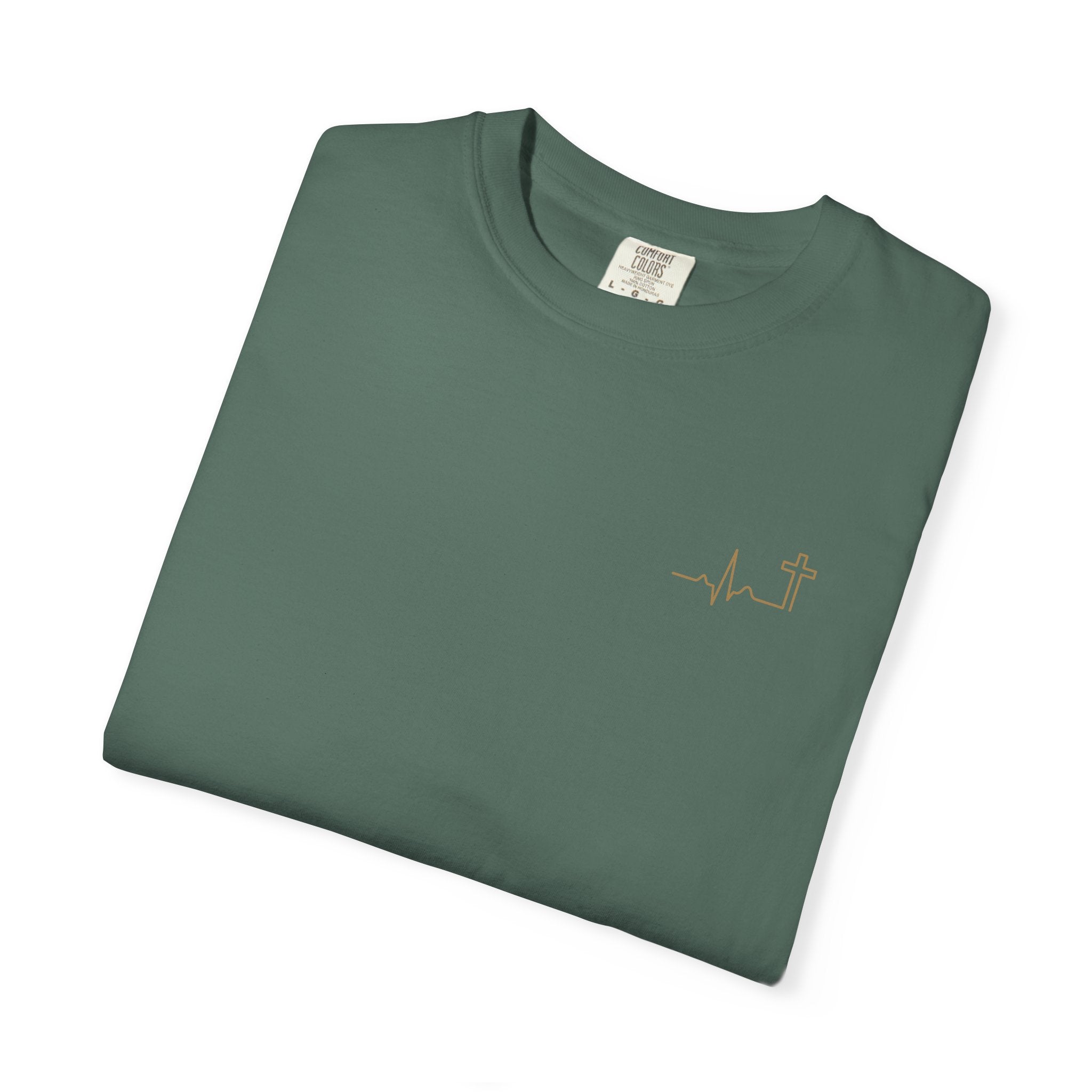 Heartbeat Cross Christian T-Shirt, Gold Minimalist Faith Tee, Cross Scripture Apparel, Garment-Dyed Christian Gift