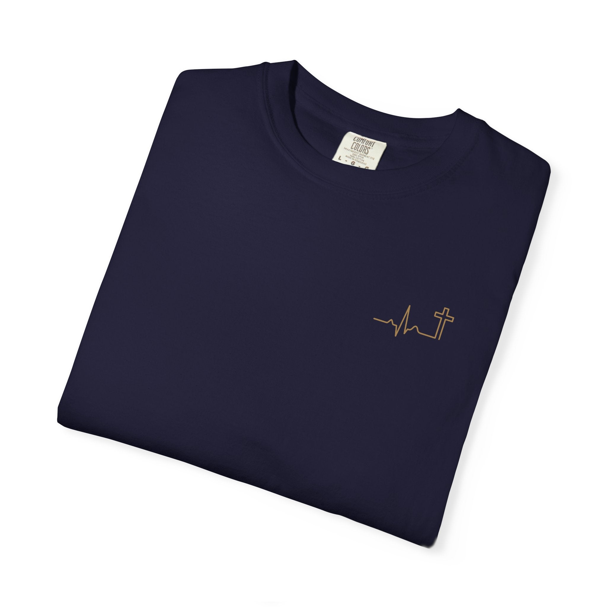 Heartbeat Cross Christian T-Shirt, Gold Minimalist Faith Tee, Cross Scripture Apparel, Garment-Dyed Christian Gift
