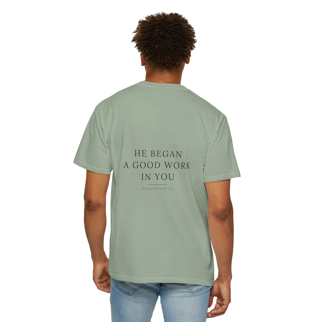 He Began A Good Work garment-dyed Christian t-shirt, bay blue, Philippians 1:6 (KJV) – Hallowed Supply Co.