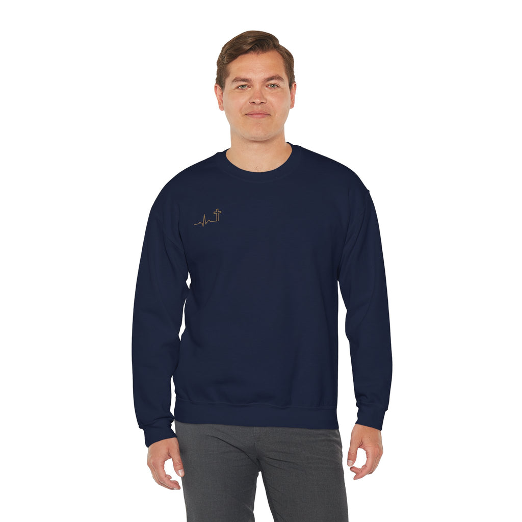 Heartbeat Cross gold minimalist Christian crewneck, dark color shown — Hallowed Supply Co.