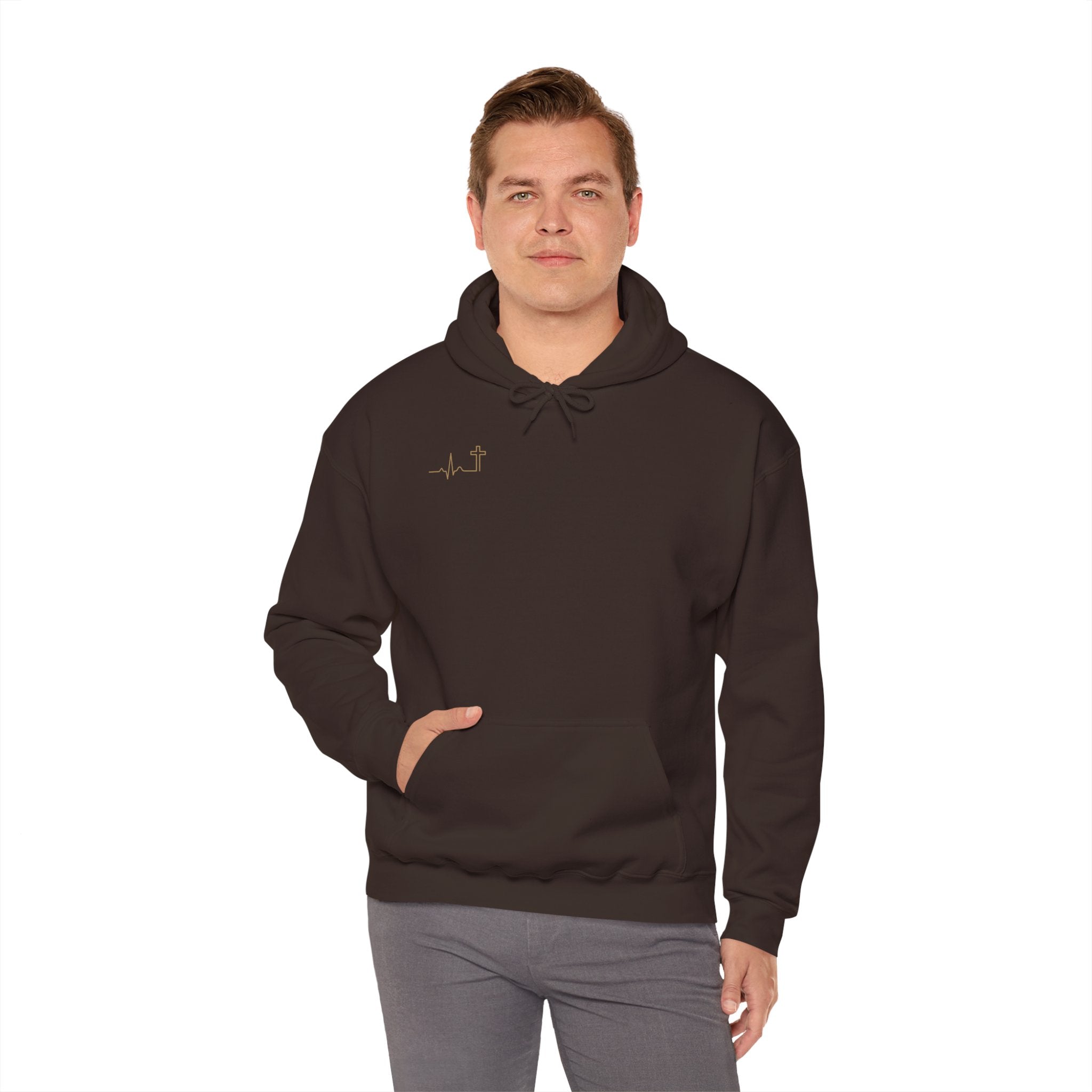 Heartbeat Cross gold minimalist Christian hoodie, dark color shown — Hallowed Supply Co.