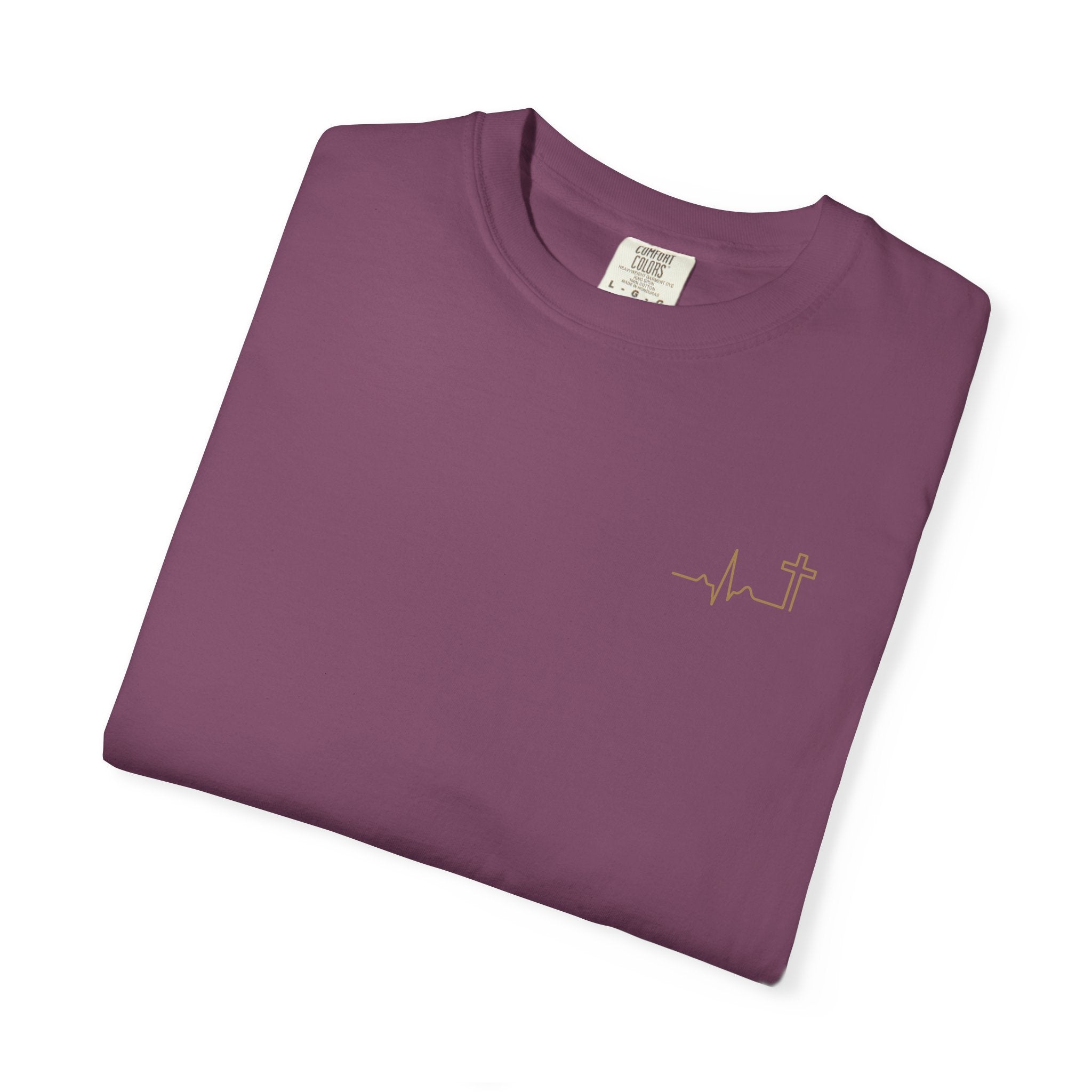 Heartbeat Cross Christian T-Shirt, Gold Minimalist Faith Tee, Cross Scripture Apparel, Garment-Dyed Christian Gift