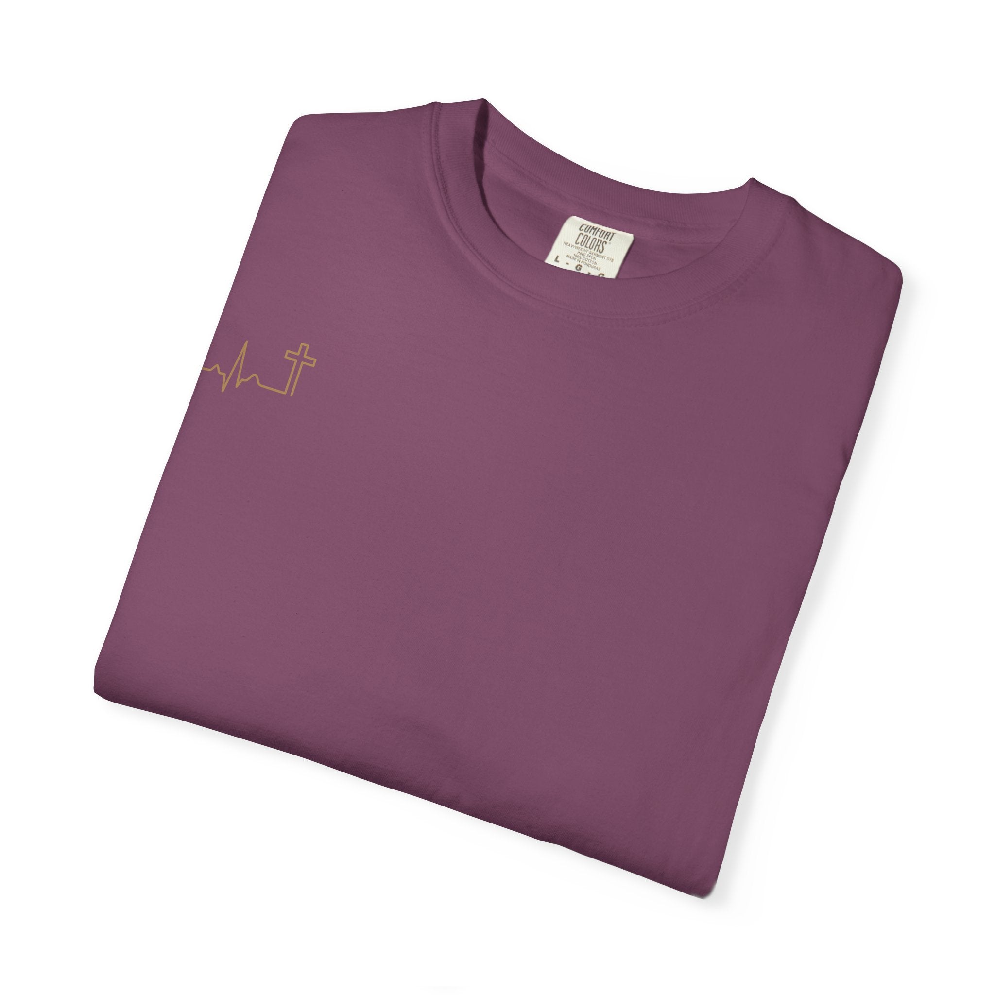 Heartbeat Cross gold minimalist Christian tee, dark color shown — Hallowed Supply Co.