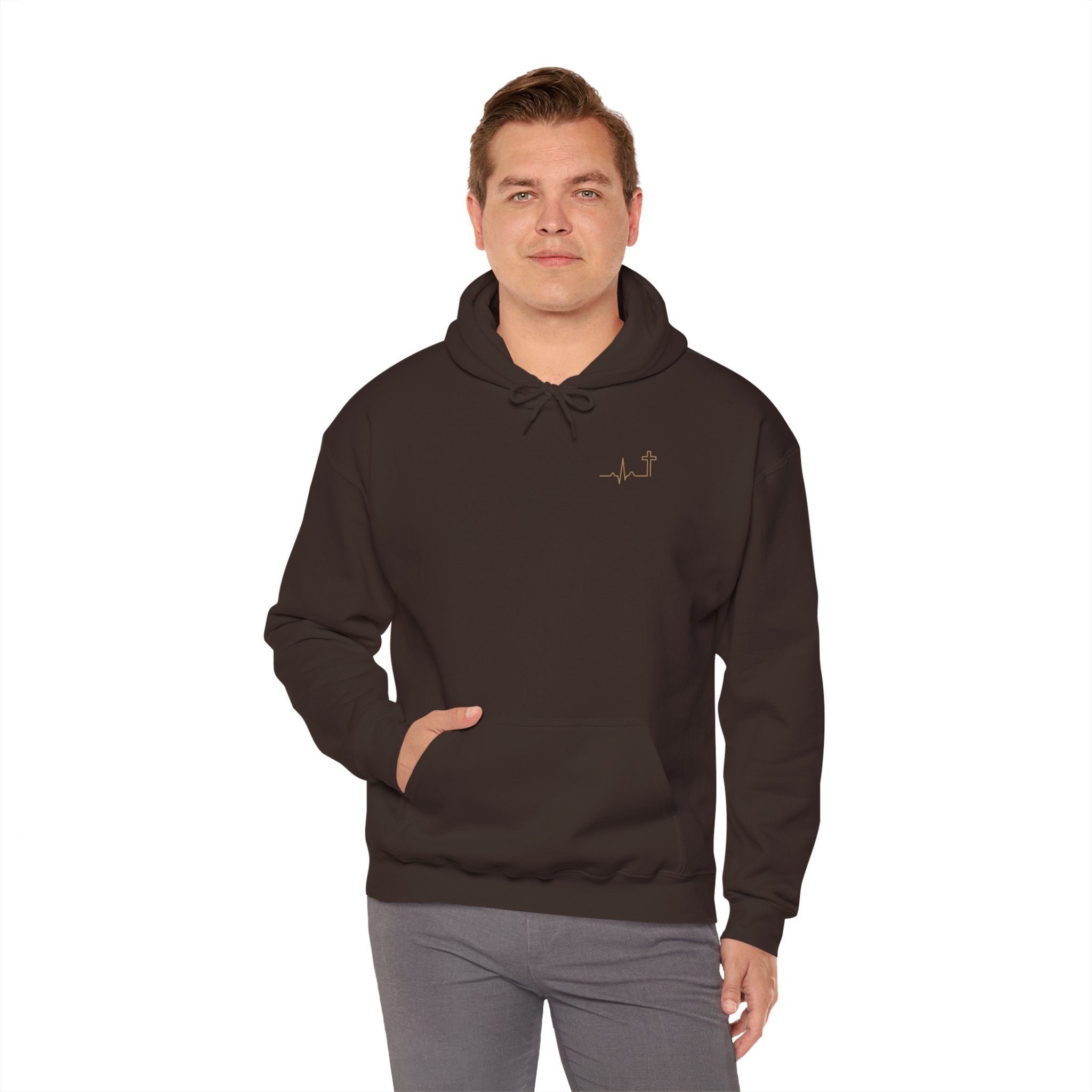 Heartbeat Cross Christian Hoodie, Gold Minimalist Faith Hooded Sweatshirt, Cross Scripture Apparel, Christian Gift