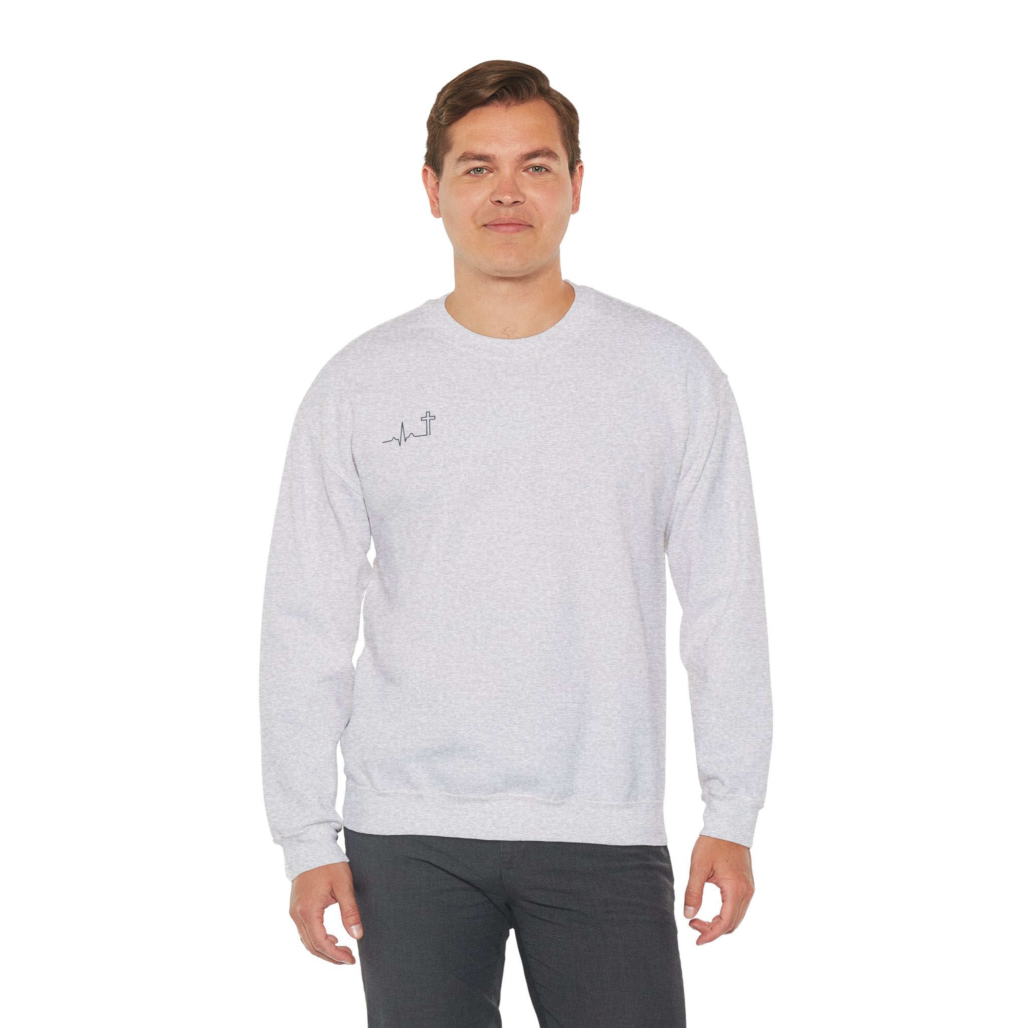 'Heartbeat Cross' Heavyweight Crewneck — Galatians 2:20 (KJV)